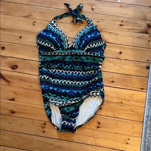 Swim Halter One-Piece Swimsuit - Blue and Black